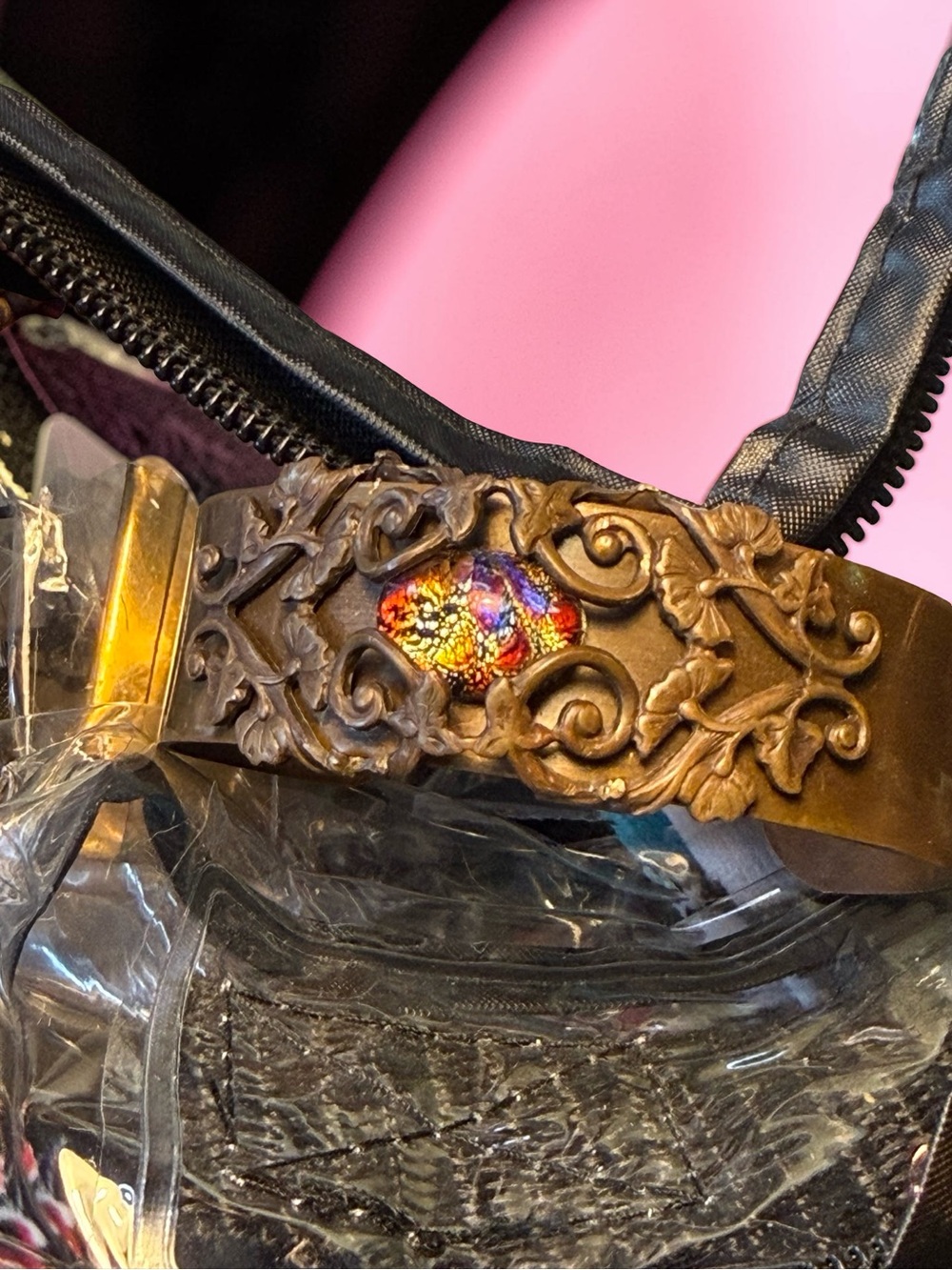 Ornate Brass Bracelet with Iridescent Cabochon